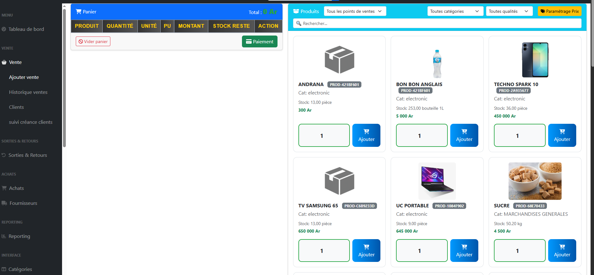 Capture écran Panier Ventes
